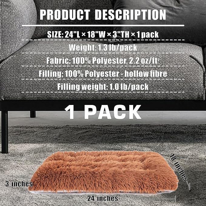 Machine Washable Dog Bed, Deluxe Plush Dog Crate Pad and Cat Bed, Anti-Slip Bottom Kennel Pad Mat, Fuzzy Pet Beds for Large, Medium, Small Dogs Breeds (Brown, 24.0" L x 18.0" W x 3.0" Th x 1 Pack)