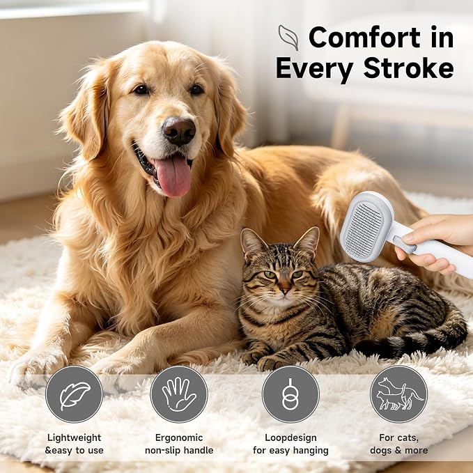 Cat Brush for Shedding for Indoor Cats & Dogs Shedding & Grooming | Self Cleaning Grooming Brush with Release Button, Smooth & Detangling, Grooming Comb for Cats Long & Short Haired Pets, Grey