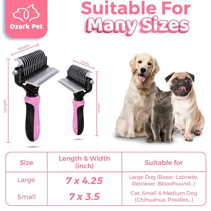 Grooming Brush for Dog/Cat with 2 Sided Grooming Brush for De-Shedding, De-Matting Reduces Shedding up to 95%, Great Short to Long Hair (Pink, Small)