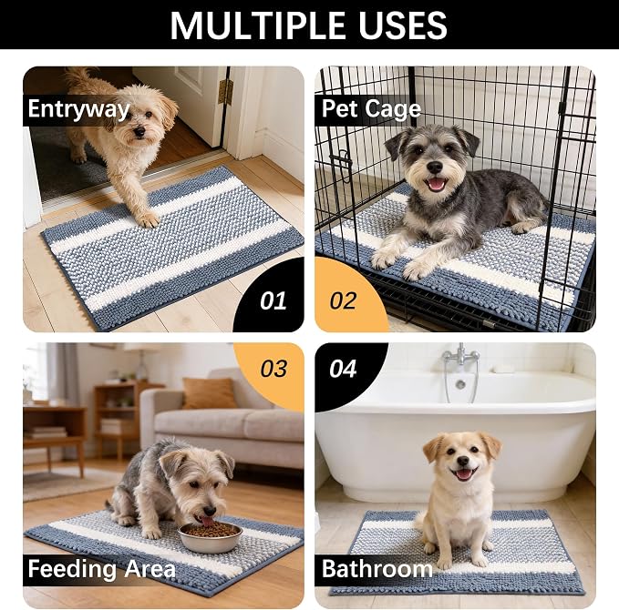 Dog Door Mat for Muddy Paws - Absorbent Quick-Dry Non-Slip Washable Chenille Pet Rug, Indoor Entryway Mat for Front Door & Crate (Blue White, 30" L*18" W)