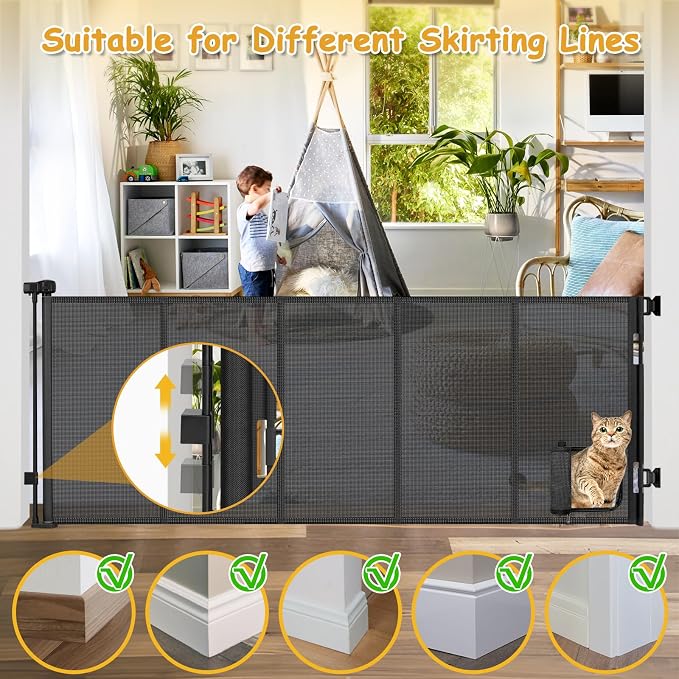 Reinforced 90” Extra Wide Retractable Pet Gate with Cat Door 33 Inch Tall Mesh Baby Gate Retractable Dog Gates for Doorways Extra Wide Baby Gates for Large Openings with Reinforced Strips, Black