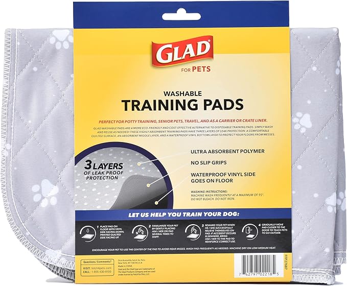 Glad for Pets Washable Dog Training Pads, Small, 18 x 24, 2 Count | 3-layer leak protection, no-slip vinyl bottom, gray with paw prints, reusable for puppies and adult dogs
