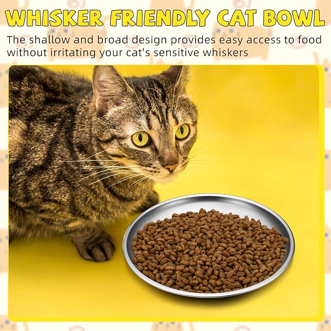 Domensi 12 Pieces Stainless Steel Cat Bowl Metal Pet Food Dish Beard Fatigue Relief Replacement Easy to Clean Indoor Wet Feeding Flat Plates for Dogs Kitten and Other Small Animals(6.7 Inch,Cat)