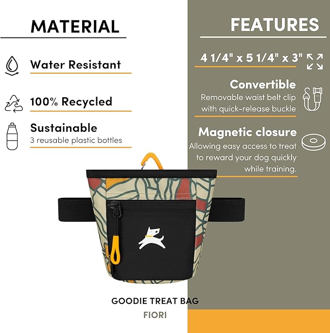 Goodie Treat Bag, Dog Treat Training Pouch | Magnetic Closure | 3 Ways to Wear | Hands-Free Waist Belt | Water-Resistant Recycled Vegan Fabric (Fiori)