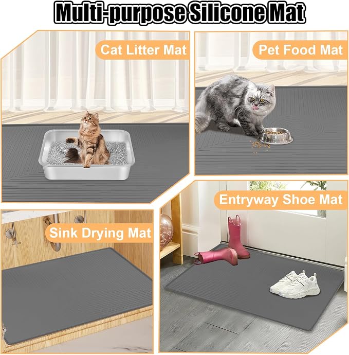 Silicone Cat Litter Mat 50" x 36" Cat Mat for Litter Box, Dark Grey | Extra Large Cat Litter Trapping Mat for Floor, Waterproof, Non-Slip Kitty Litter Box Mat with Raised Edge, Easy to Clean