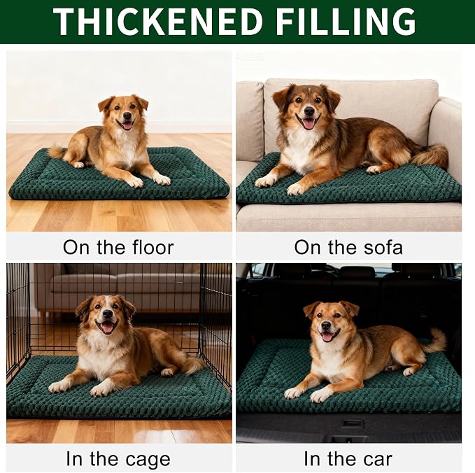Dog Bed Mat,Reversible & Ultra Soft Kennel Pad-Machine Washable Pet Bed for Dogs & Cats-All-Weather Crate Liner for Crates,Carriers & Travel (Dark Green, 35" L x 23" W x 1.5" Th)