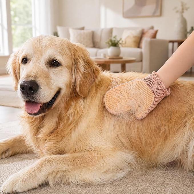 Pet Hair Remover Glove for Dogs & Cats, 2-in-1 Pet Glove Brush Pink | Anti-Bite Mesh Design, Adjustable Wrist Strap, for Bathing & Grooming, Reusable Washable for Long/Short/Curly Hair Pets