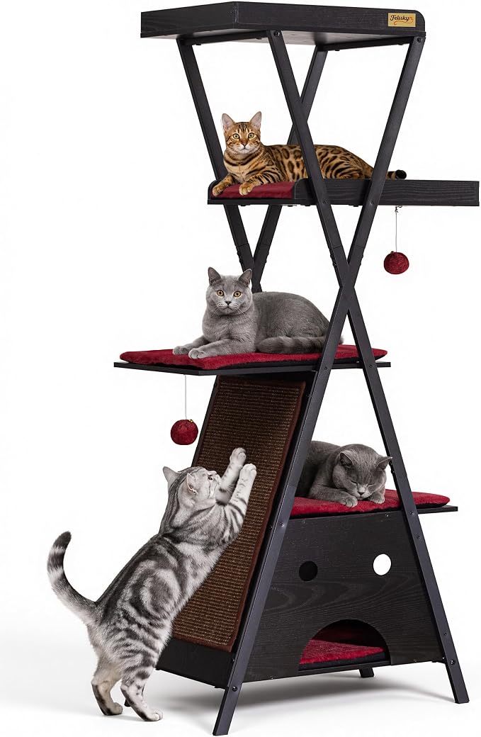 Modern Wood Cat Tree Tower for Indoor Cats Large Adult 67-in Tall | Heavy Duty XL Stable Wooden Cat Condo House Furniture with Multi-Level Spacious Perch Scratching Board Soft Washable Pads