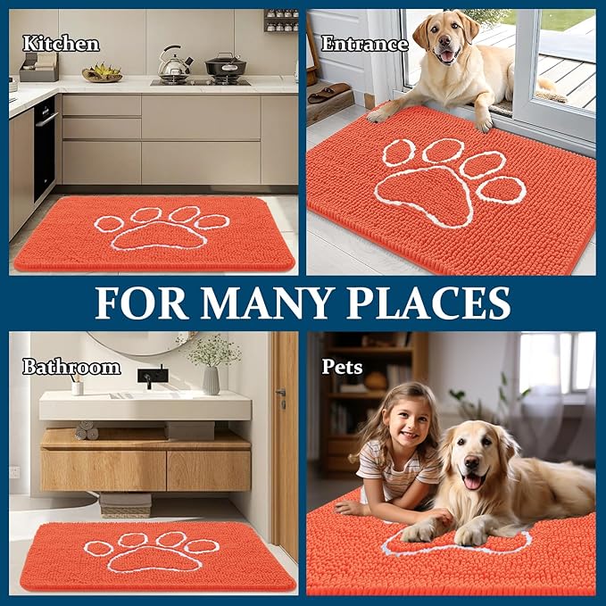 OLANLY Dog Door Mat for Muddy Paws 30x20, Paw Print Design Chenille Mud Mat | Coral, Absorbent, Traps Moisture and Dirt, Non-Slip Washable Doormat, Quick-Drying Indoor Entryway Floor Carpet for Dogs