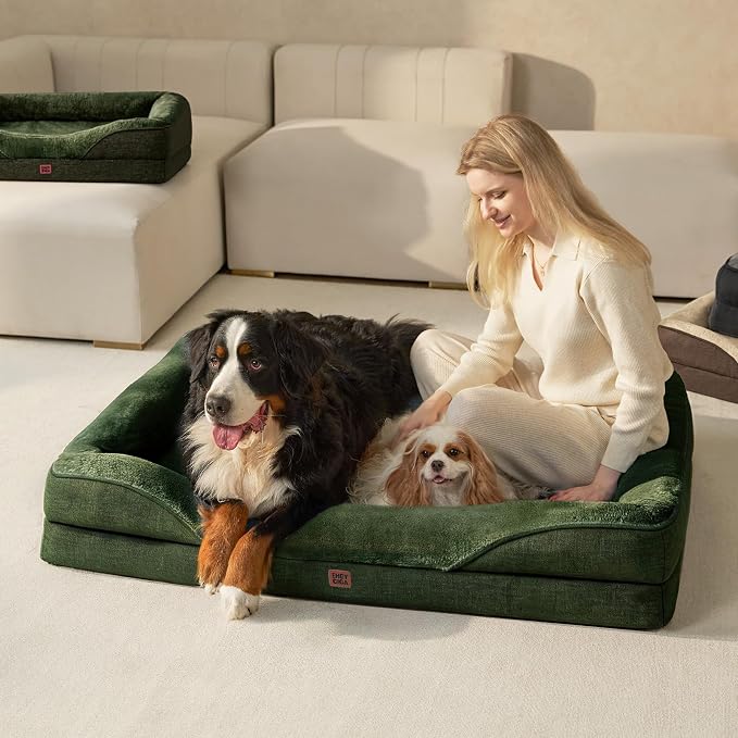 EHEYCIGA Orthopedic XL Dog Bed for Large Sized Dog, 48x35 Inch Extra Large Memory Foam Dog Couch Bed with Sides, Waterproof Liner & Washable Removable Cover, Bolster Pet Sofa, Dark Green
