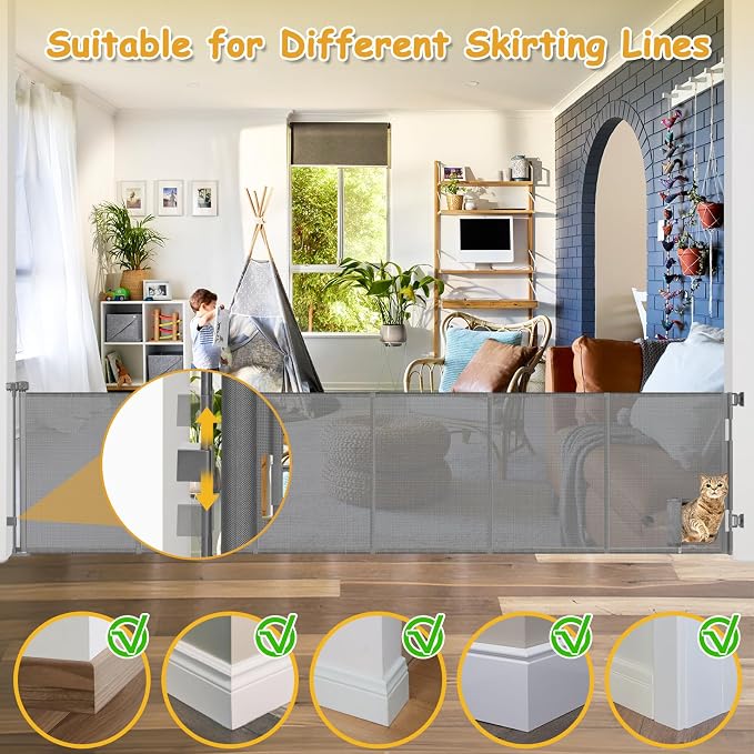 Reinforced 150 Inch Extra Wide Dog Gate with Cat Door 12.5 Ft Extra Long Baby Gates for Large Openings 37” Tall Retractable Pet Gates for Wide Openings Large Pet Gate with Cat Door, Gray