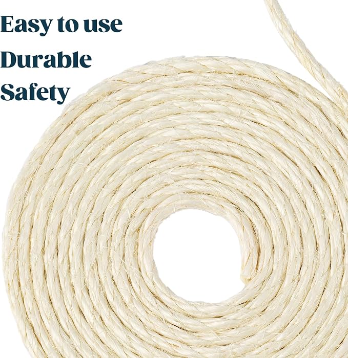 Pelzin Natural Sisal Rope for Cat Scratcher - 1/4 Inch by 50 Feet, Cat Tree Rope Twine for Scratching Post Replacement, Repairing, Recovering and DIY, White