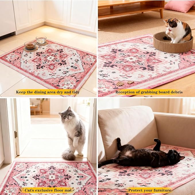 EXPAWLORER Cat Litter Mat, 20”x32” Small Non-Slip Urine Waterproof Litter Trapping Mat Easy to Clean Washable Litter Box Mat for Floor Soft on Kitty Paws, Indoor Food Mats Rug Pads for Bathroom Pink