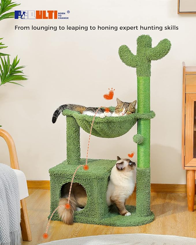 PEQULTI Cactus Cat Tree Cat Condo with Big Metal Frame Hammock, Cat Scratching Post for Indoor Cats with Cat Condo Natual Sisal Rope and Cat Toy Dangling Sisal Ball, Green