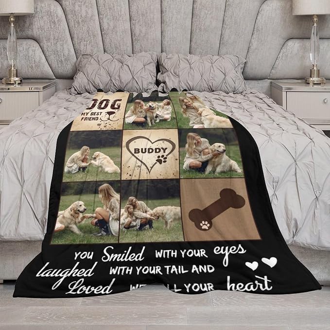 Artsadd Personalized Dog Blanket with Photos & Pet Name, Custom Dog Memorial Blanket and Throws for Remembrance, Customized Puppy Blanket, Dog Gifts for Pet Dog Lovers, Dog Mom Gifts for Women Xmas S