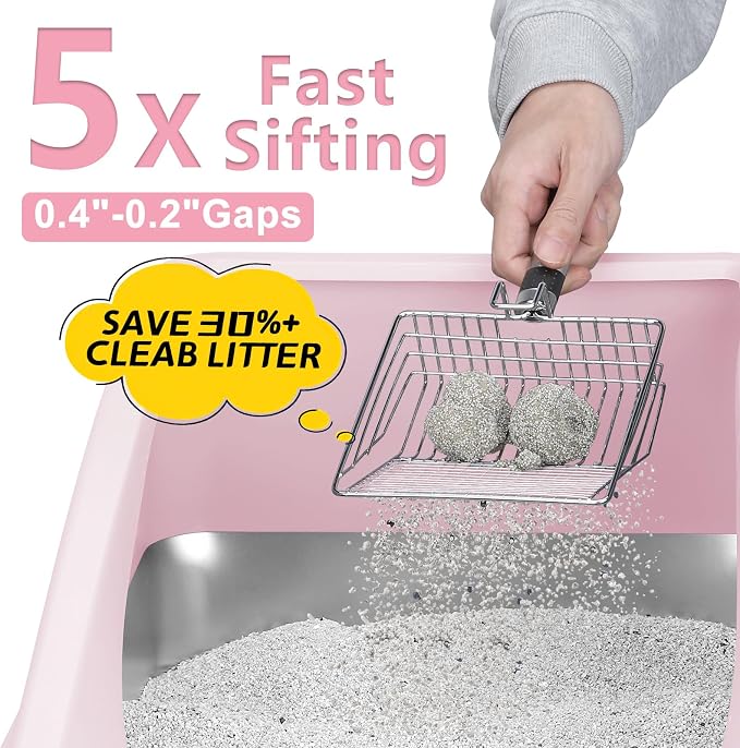 AIPERRO Stainless Steel Litter Box | XL Enclosed Cat Litter Box with Lid for Big Cats | High Sided, Anti-Urine Leakage | Non-Stick Bottom & Includes Litter Mat & Metal Scoop | Cute Pink