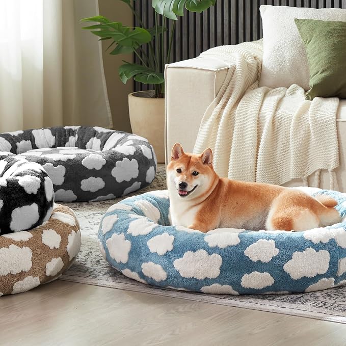 JOEJOY Donut Dog Bed Medium Size, Cute Round Calming Pet Bed with Removable Washable Cover, Orthopedic Cat Puppy Bed with Jacquard Shaggy Plush & Non Skid Bottom