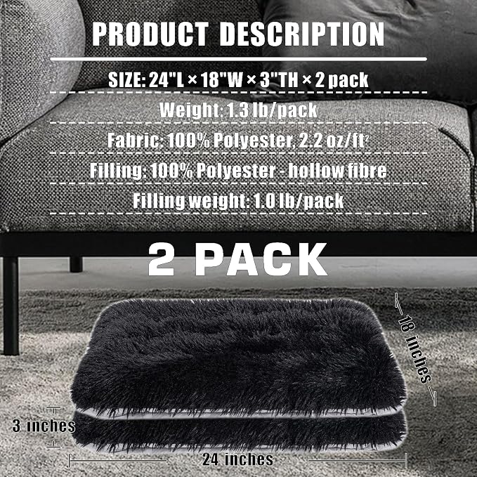 Machine Washable Dog Bed, Deluxe Plush Dog Crate Pad and Cat Bed, Anti-Slip Bottom Kennel Pad Mat, Fuzzy Pet Beds for Large, Medium, Small Dogs Breeds (Black, 24.0" L x 18.0" W x 3.0" Th x 2 Pack)