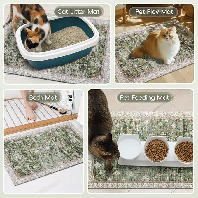 Cat Litter Mat Litter Trapping Mat, 33"x22" Waterproof Urine Proof Litter Box Mat Catcher Mat Non-Slip Washable for Kitty Kitten, Green