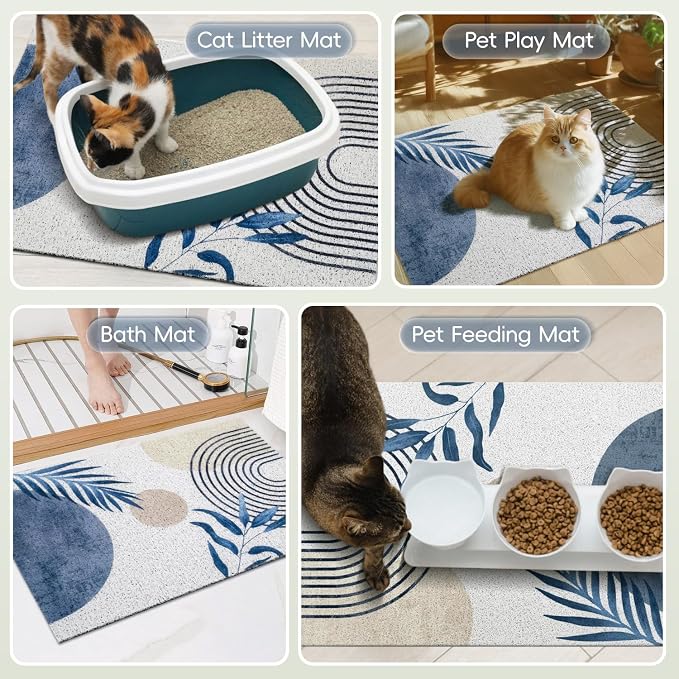 Cat Litter Mat Litter Trapping Mat, 33"x24" Waterproof Urine Proof Litter Box Mat Catcher Mat Non-Slip Washable for Kitty Kitten, Blue