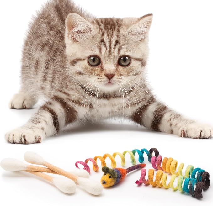 Glaciart One Indoor Catnip Cat Toy Pack - 7pc | Kitty Toys Include Wool Springs, Swabs & Mouse | for Activity, Exercise & Play | Filled w/Organic Catnip to Excite/Calm Pet | Great Gift Idea