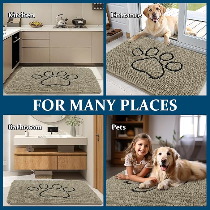 OLANLY Dog Door Mat for Muddy Paws 36x24, Paw Print Design Chenille Mud Mat | Warm Taupe, Absorbent, Traps Moisture and Dirt, Non-Slip Washable Doormat, Quick-Drying Indoor Entryway Floor Carpet for Dogs