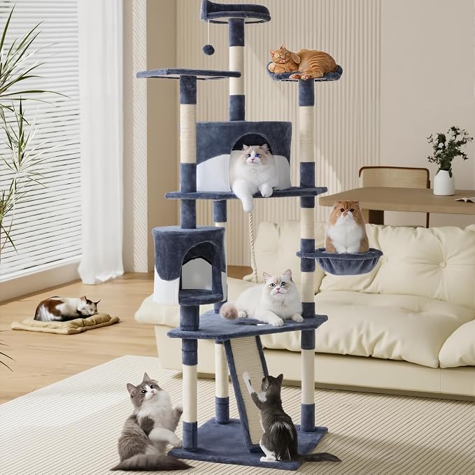 DUMOS Tall 79in Cat Tree Tower with Scratching Posts, Indoor Cats Use | Large Multi Level Cats Climbing Tower with Condo, Extended Platform, Basket, Pet Tree House for Cats Play, Dark Grey