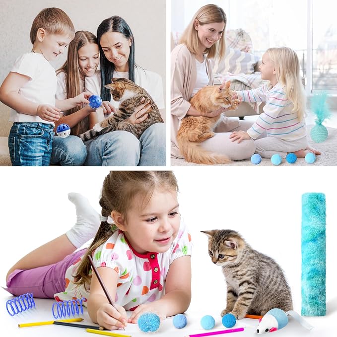 Foilswirl 24 Pcs Cat Toys Set Interactive Kitten Toys Pack Including Collapsible Play Tunnel Feather Teaser Wand Fuzzy Ball Springs Pillow Mouse Bells for Indoor Cats Puppy(Blue,Classic)