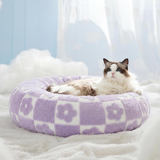 Lesure Shown on TV Donut Cat Bed for Indoor Cats - Small Round Dog Bed for Calming Pet as Gift with Washable Cover, Cute Puppy Bed with Jacquard Shaggy Plush & Anti Slip Bottom, 20 Inch, Flower Checks