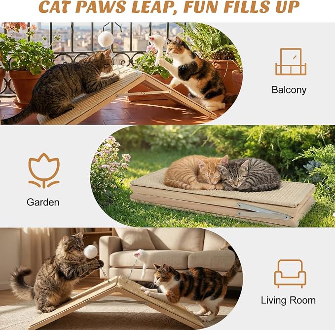 Cat Scratcher, Cat Sisal Scratching Ramp, Foldable Wooden Scratching Board with 2 Spring Plush Toys, Triangle Kitten Ramp Protect Furniture, Solid Non-Slip Scratch Pad for Indoor Multiple Pets
