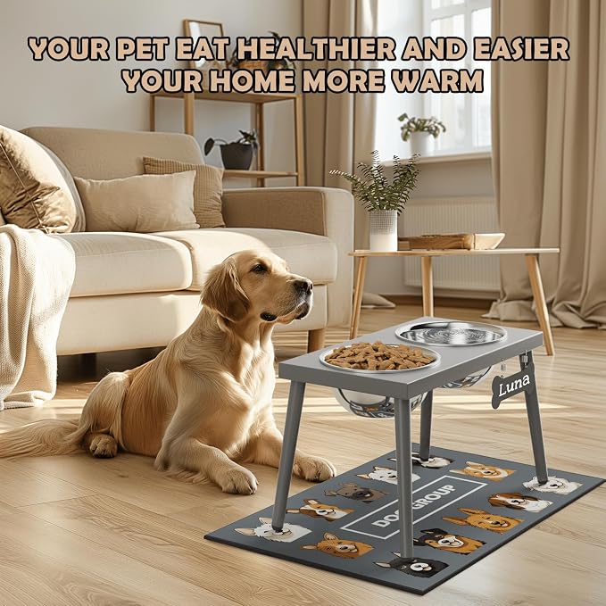 ADENGL Raised Dog Bowl Stand for Large Dogs, 10” Tall Elevated Feeder with Spill-Proof Mat, Stainless Steel 58OZ Bowls for Food & Water, Gray Color (Mat Size: 16x24”)