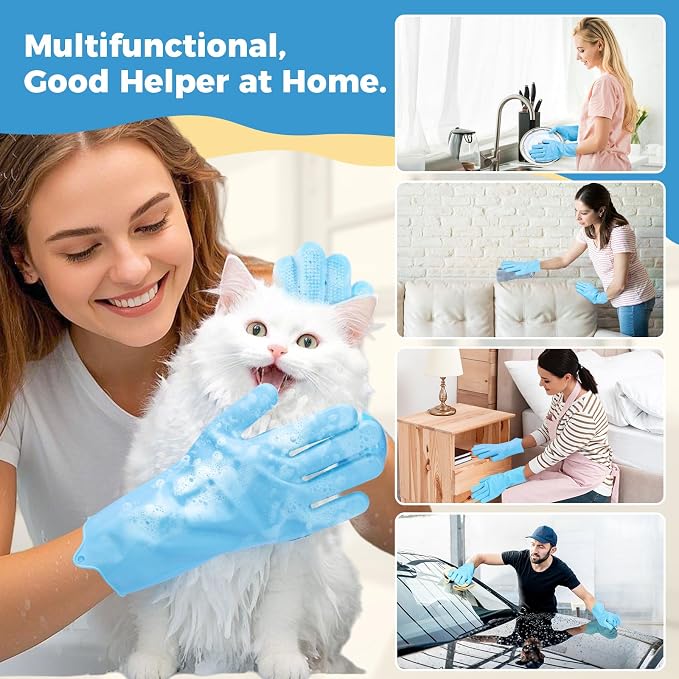 Pet Grooming Gloves, Dog Washing Gloves with Silicone Teeth, Dog Bathing Shampoo Brush, Heat Resistant Five-Finger Design for Bathing, Massaging, Hair Removal, Suitable for Dogs and Cats