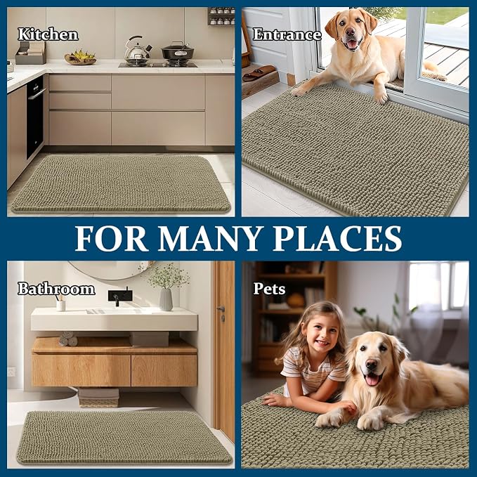 OLANLY Dog Door Mat for Muddy Paws 36x24, Super Absorbent Chenille Mud Mat | Warm Taupe, Absorbs Moisture and Dirt, Non-Slip Machine Washable Doormat, Quick-Drying Indoor Entryway Floor Carpet for Dogs