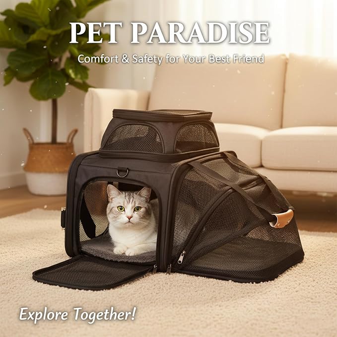 JUNGYOON Cat Carrier, Expandable Airline-Approved Soft-Sided Pet Travel Bag for Cats, Small Dogs & Small Pets, Breathable Mesh Design with Multi-Pockets & Fleece Pad (Dark Grey)