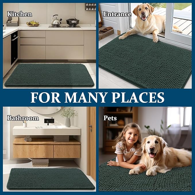 OLANLY Dog Door Mat for Muddy Paws 54x32, Super Absorbent Chenille Mud Mat | Blackish Green, Absorbs Moisture and Dirt, Non-Slip Machine Washable Doormat, Quick-Dry Indoor Entryway Floor Carpet for Dogs
