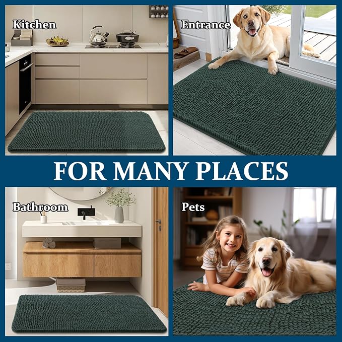 OLANLY Dog Door Mat for Muddy Paws 44x24, Super Absorbent Chenille Mud Mat | Blackish Green, Absorbs Moisture and Dirt, Non-Slip Machine Washable Doormat, Quick-Dry Indoor Entryway Floor Carpet for Dogs