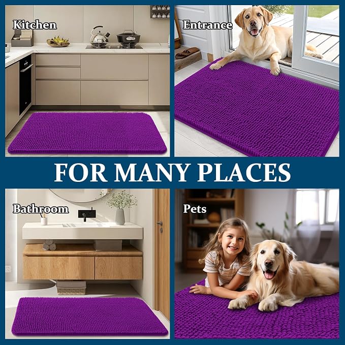 OLANLY Dog Door Mat for Muddy Paws 30x20, Super Absorbent Chenille Mud Mat | Purple, Absorbs Moisture and Dirt, Non-Slip Machine Washable Doormat, Quick-Drying Indoor Entryway Floor Carpet for Dogs