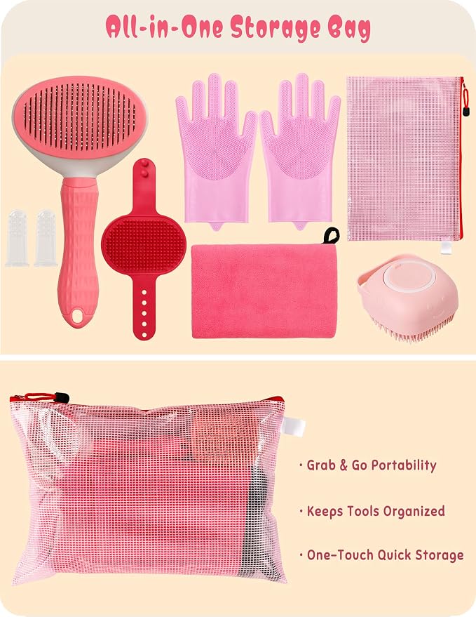 Dog Bathing Supplies Pet Grooming Set Kit, Bath Washing Gloves, Towels, Shampoo Bath Brush, Finger-Sleeve Toothbrush, Pet Washing Kit, Suitable for Dogs and Cats 9-Piece (Pink)