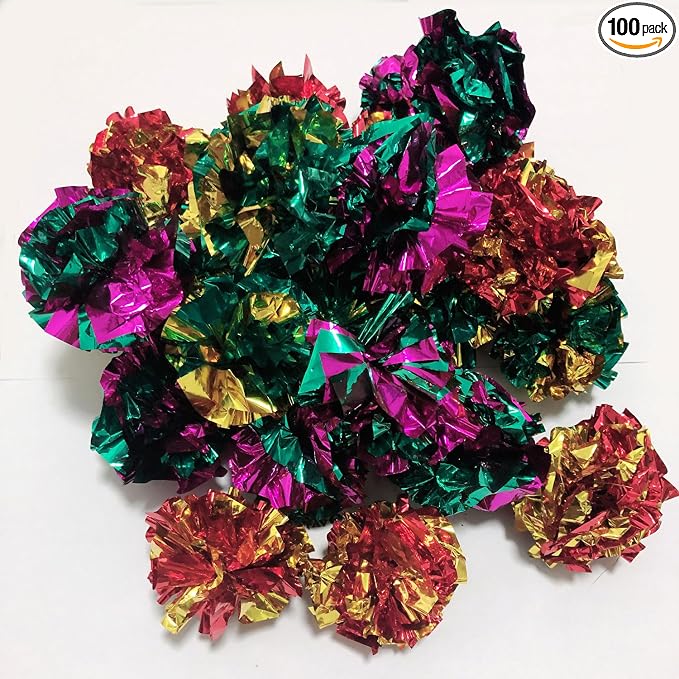 Cat Crinkle Toys Balls 100 Pack - Large Mylar Crinkly Cat Toys Foil Balls for Indoor Cats, Gift Box and Lightweight.