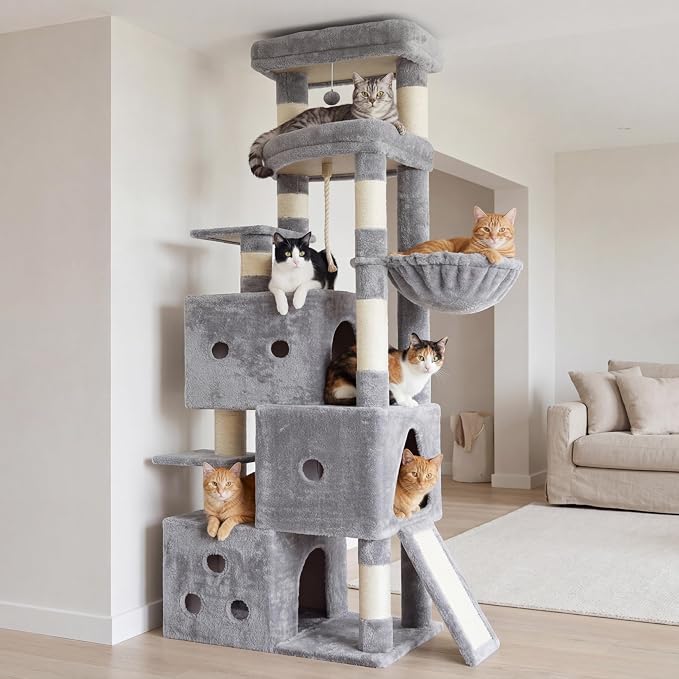 Heybly Cat Tree, 74-Inch Streamlined Cat Tower for Large Cats HCT061W | Cat Furniture with 3-Tier Stacked Condos, Large Perch, Sturdy Base, Full Sisal Scratching Posts & Ramp, Light Gray
