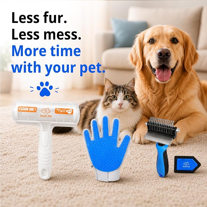 Ozark 4-in-1 Pet Care & Pet Hair Control System for Dogs & Cats – Deshedding Tool, Pet Hair Remover, Grooming Glove, Detail Cleaner for Furniture, Couch, Carpet, Home & Car (Blue, Combo 4-in-1 Large)