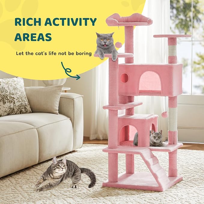 DUMOS 54 Inch Cat Tree Tower with Scratching Posts, Indoor Use | Multi-Level Pet House for Large Cats with Round Platform, 2 Condos, Small Ladder and Toys, Pink