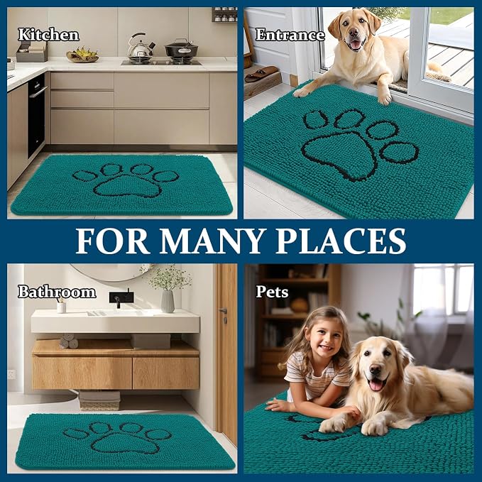 OLANLY Dog Door Mat for Muddy Paws 30x20, Paw Print Design Chenille Mud Mat | Lake Blue, Absorbent, Traps Moisture and Dirt, Non-Slip Washable Doormat, Quick-Drying Indoor Entryway Floor Carpet for Dogs