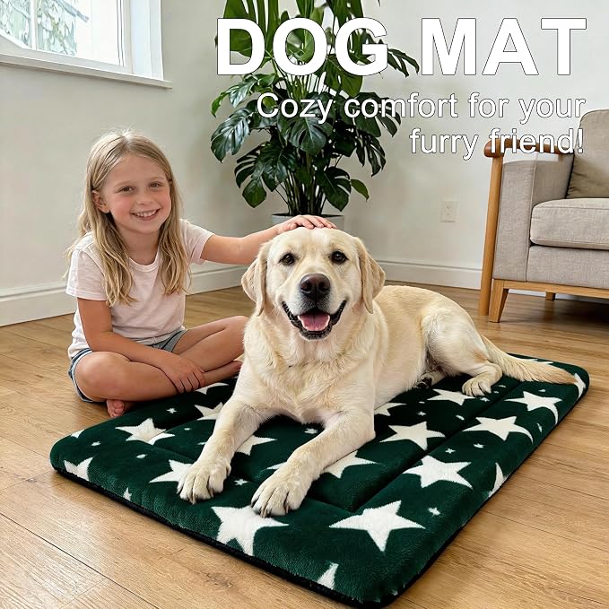 Dog Bed Mat – Soft & Comfortable Dog Kennel Pad for Crate – Durable Crate Bed & Mat for Dogs & Cats – Ideal for Crate, Kennel, and Home Use (Big&Little Stars Green, L(35"*23"*1.5"))