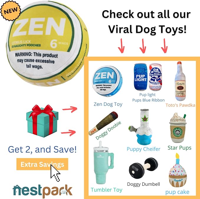 Nestpark Zen Pupper Deckies Parody Dog Toy - Plush Squeaky and Crinkle Funny Dog Toy (Citrus Lick)