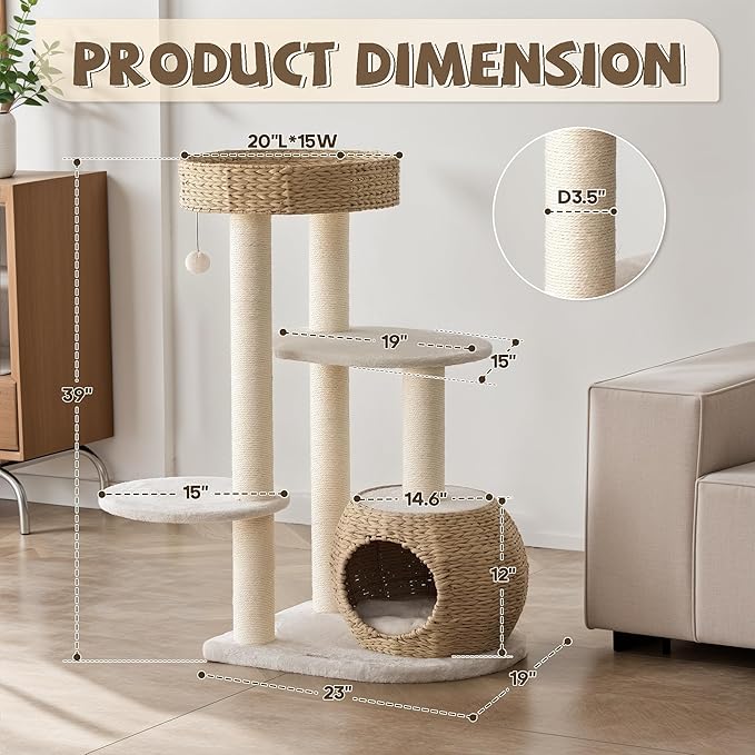Modern Cat Tree, 39" Tall Cat Tree for Large Cats Cat Condo | Natural Sisal with Scratching Posts Indoor Cats, Hand-Woven Tower & Top Perch, Cat-Tree for Kittens Climb Play & Rest
