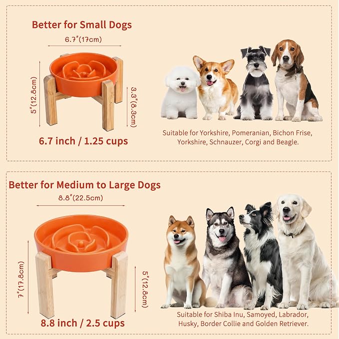 Elevated Slow Feeder Dog Bowl Large Breed, 8.8 Inch Ceramic Slow Eating Bowl with Bamboo Stand, Anti-Choking Raised Maze Design for Medium to Large Dogs, 3.2 Cup, Orange
