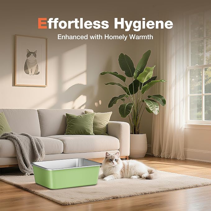 Qiuma Stainless Steel Litter Box, Large Metal Cat Litter Box with High Sided for Big and Small Cats, Non-Stick, Easy to Clean, Odor-Free, 23.4" L×15.6" W×7.8" H, Leaf Green