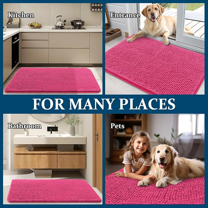 OLANLY Dog Door Mat for Muddy Paws 32x20, Super Absorbent Chenille Mud Mat | Hot Pink, Absorbs Moisture and Dirt, Non-Slip Machine Washable Doormat, Quick-Drying Indoor Entryway Floor Carpet for Dogs