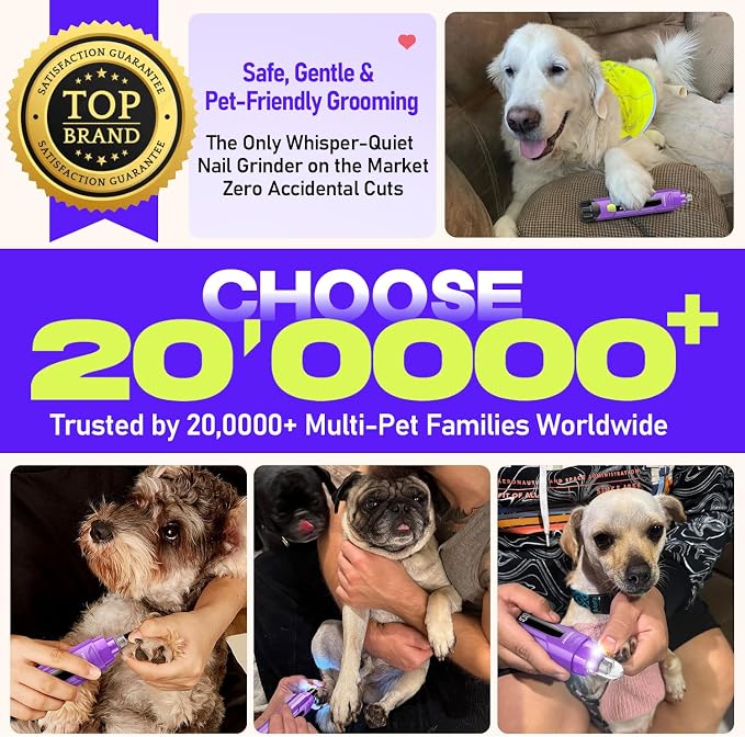 Whisper-Quiet Dog Nail Grinder, 50% More Powerful 6-Speed Pet Nail Trimmer with LED Display & 4 LED Lights, 3 Grinding Bits, No Over-Cutting, Stress-Free Grooming for Dogs, Cats & All Sensitive Pets